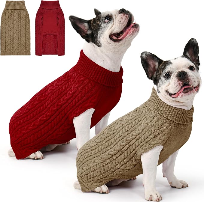 Dog Sweater 2 Pack for Medium Dogs, Size L, Red & Brown | Stretchy cable knit turtleneck, machine washable, high belly cut, comfy winter fit for French Bulldog, Corgi