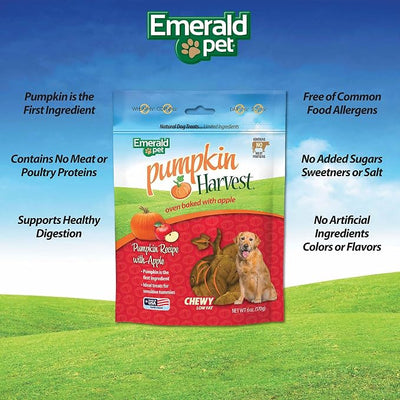 Emerald Pet Pumpkin Harvest Dog Treats, Apple Flavor, 6 oz – Soft Chewy Low-Fat Natural Dog Treats with Real Pumpkin for Digestive Health – Meat-Free, Wheat-Free, Made in USA