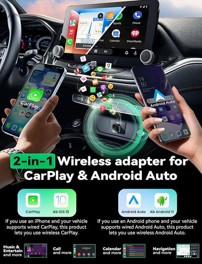 Wireless Carplay & Android Auto Adapter, Metal Design Mini & Stable 2-in-1 Dongle, Convert Vehicle's Wired CarPlay/Android Auto to Wireless, for iOS 10+/Android 11+ & Cars from 2016