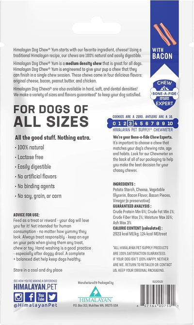 Himalayan Dog Chew Yak Cheese Dog Chews, Lactose Free & Grain Free, USA Made, For All Dog Breeds, Medium Density Cheese Chew, Resealable Pouch with 3 YUM Treats, Bacon Flavor
