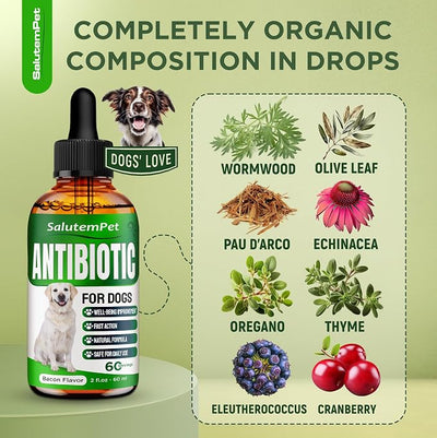 Natural Antibiotics for Dogs and Puppies – Antibiotics for Dogs of All Ages – Herbal Ingredients – Helps with Allergies and UTIs – for Balanced Digestion – Joint Care – Bacon Taste – 2 Oz