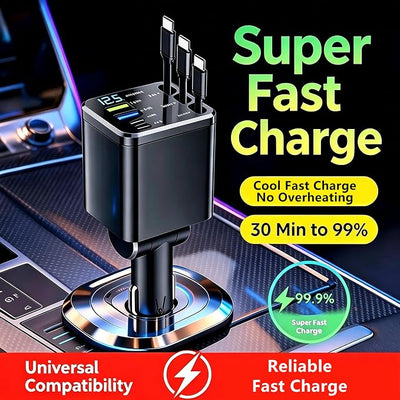 7 in 1 Retractable Car Charger,102W Car Charger Fast Charging Adapter | Car Charger USB C,Car Accessories,Voltage Smart Display,3 Retractable Type-C Cables for iPhone 17 Pro/16/15,Galaxy S26,Pixel