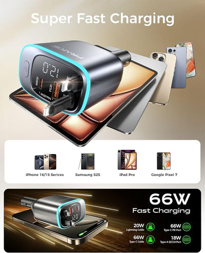 iPhone Car Charger, Retractable Fast USB C Phone Charger, 4 in 1 Cigarette Lighter Adapter with 2 Cables 25 Inch and 2 USB Ports, Multi Port USB Car Charging for iPhone 17/16/15/14/13/Pro Max