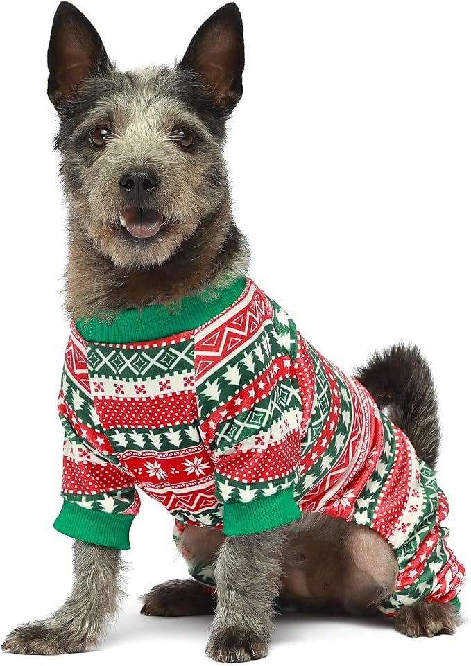 Fitwarm Dog Christmas Outfit, Holiday Pet Clothes for Small Dogs Boy Girl, Festive Pajamas with Feet, Puppy Onesie, Red, Green, XS