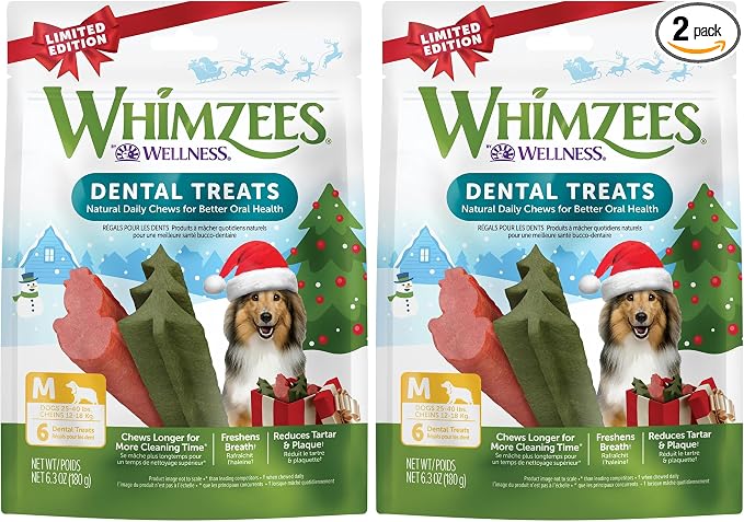 Whimzees by Wellness Holiday Natural Grain Free Dental Chews for Dogs, Medium Breed, 6 Count (Pack of 2)