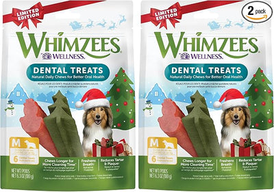 Whimzees by Wellness Holiday Natural Grain Free Dental Chews for Dogs, Medium Breed, 6 Count (Pack of 2)