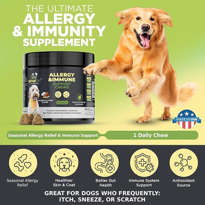 Googipet Dog Allergy Chews, Seasonal Dog Allergy Relief & Itchy Skin Relief, Skin & Coat Supplement Colostrum, Coconut Oil, Omega 3 Fish Oil, & Bee Pollen for Dogs Itch Relief
