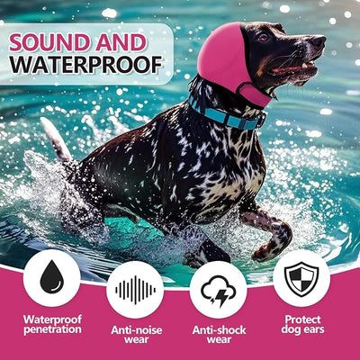 Dog Ear Cover for Bath and Swimming, Dog Ear Muff for Noise Protection, Waterproof Dogs Ear Wrap Shower Swim Cap, Breathable & Adjustable Quiet Ear for Dogs Anxiety Relief Calming Hood (Rose red, S)