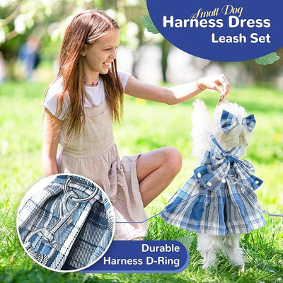 PETCARE Cute Dog Dress Clothes for Small Dogs Cats Girl Female Blue Plaid Bow Tie Dog Harness Dresses Leash Set with Pearls Bow Accessories Birthday Puppy Dress Shih Tzu Yorkies Chihuahua Outfits
