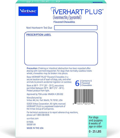 IVERHART Plus® (ivermectin/pyrantel) Flavored Chewables up to 25 lbs, 6 Chewable Tablets for Dogs