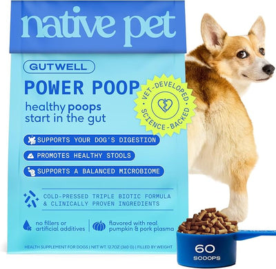 Native Pet GutWell Power Poop - Digestive Support & Fiber for Dogs - Promotes Healthy Stools, Supports Balanced Microbiome & Digestive Function - Triple-Biotic Blend & M-Fiber - 60 Scoops
