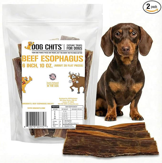 Dog Chits Beef Esophagus Chews for Dogs & Puppies - All Natural Single Ingredient - High Protein, Low Fat Beef Jerky Chew - Safe for All Breeds - Great for Joint - Dental Clean Crunch - 6 inch, 10 oz