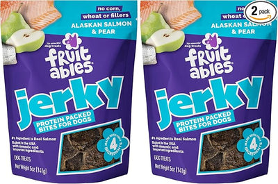 Fruitables Whole Jerky Bites, Healthy Dog Treats, Puppy Essentials, Jerky Dog Treats, Made in the USA, No Artificial Ingredients, Alaskan Salmon & Pear Flavor, 5oz (Pack of 2)