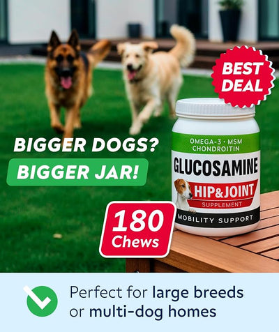 Glucosamine Treats for Dogs - Joint Supplement w/ Omega-3 Fish Oil - Chondroitin, MSM - Advanced Mobility Chews - Joint Pain Relief - Hip & Joint Care - Peanut Butter Flavor - 180 Ct - Made in USA