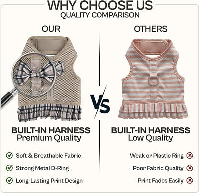 Parisian Pet Plaid Khaki Dog Harness Dress - Breathable No Pull Puppy Dress with Leash Ring - 100% Mesh Fabric Harnesses for Dogs - Soft Padded Step in Pet Vest - Dog Harness for Large Sized Dogs