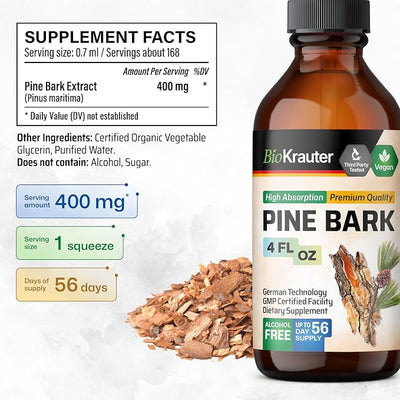 BIO KRAUTER® Pine Bark Extract for Circulatory & Antioxidant Support - Vegan French Maritime Pine Bark Herbal Supplements - Natural Antioxidants & Skin Support - 400 mg per Serving, 4 Fl. Oz.