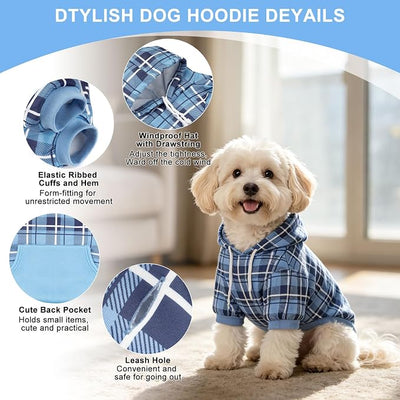 EXPAWLORER Plaid Dog Hoodie - British Style Warm Dog Sweater Shirt with Leash Hole,Pitbull Clothes Outfits,Winter Coat Apparel for All Breeds Puppy Girl Boy-Cat Apparel,Blue Small