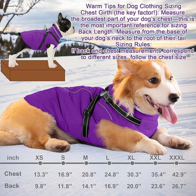 Fragralley Dog Coat with Harness Built in, Waterproof Windproof Reflective Warm Puffer Jacket, Fleece Lined Vest Winter Parka for Small, Medium, Large Dogs
