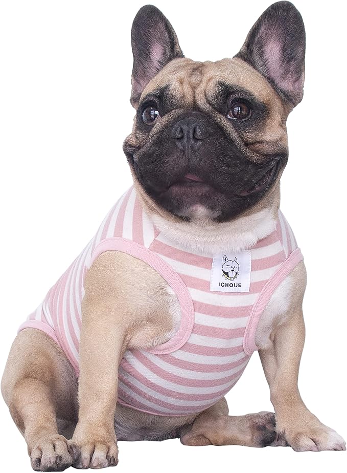 iChoue Pug 100% Breathable Cotton Striped T Shirts Halloween Vest Clothes for Medium Dogs Tank Tops Puppy French Bulldog Frenchie English Boston Terrier Pitbull Pink White Stripes - Small