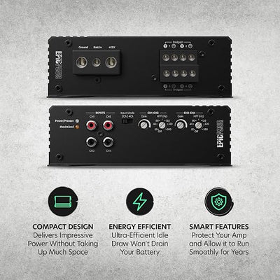 AudioControl EPICFOUR 4-Channel Amplifier Car Audio 800W RMS, Compact Digital Class D, High/Low Pass Crossover, RCA Line Level Inputs for Aftermarket Radios, Epicenter Link, Smart Auto Protection