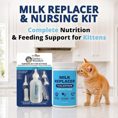 Under the Weather Kitten Milk Replacer Powder + Nursing Bottle Kit | Milk Replacement Formula with Colostrum, Feeding Bottle, 5 Nipple Sizes & Cleaning Brush | Complete Newborn Kitten Feeding Set