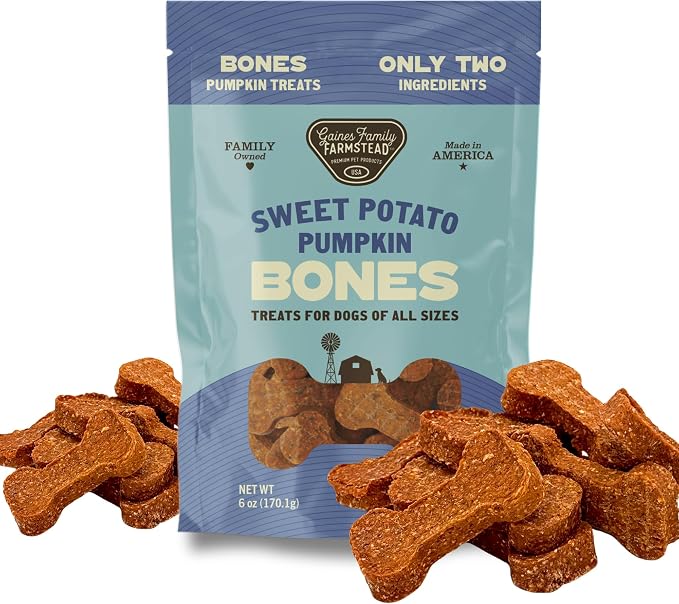 Gaines Family Farmstead Pumpkin & Sweet Potato Dog Bones – 6 oz Bag, Natural, Grain-Free Dog Treats for Digestive Health & Immunity – High-Fiber, Vitamin-Rich Chews, Made in USA