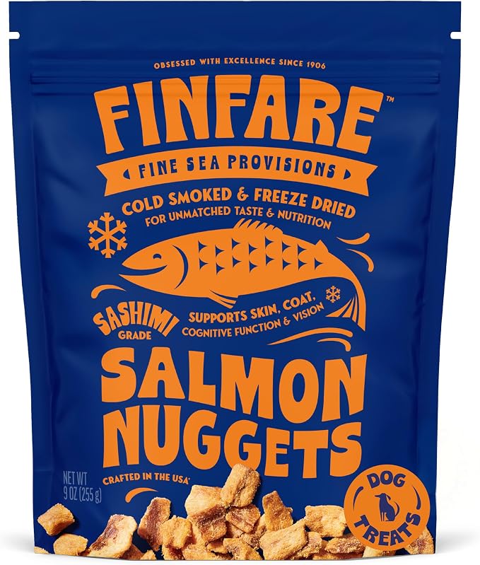 Finfare Freeze Dried Salmon Dog Treats, Protein & Omega-3s, Grain Free Salmon Dog Training Treats, Crafted in USA, Nuggets - 9oz