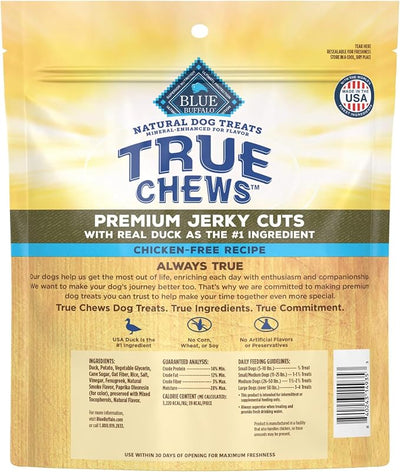 Blue Buffalo True Chews Premium Jerky Cuts with Real Duck, Chicken-Free Natural Dog Treats, Mineral-Enhanced for Flavor, 22 oz. Bag
