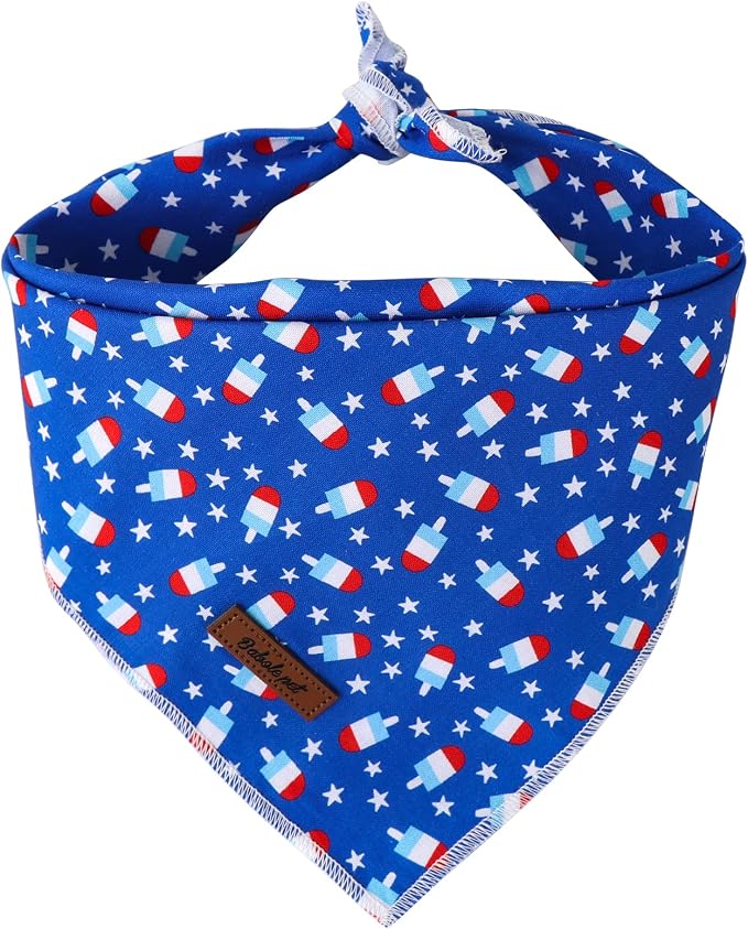 4th of July Dog Bandanas Boy Girl Summer Popsicle Star Cotton Washable Dog Scarf Adjustable Pet Bib Scarves for Small Medium Large Dogs L