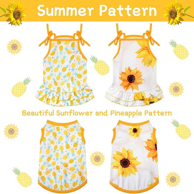 Frienda 4 Pieces Dog Clothes Set Include 2 Pcs Cute Pet Dress Lovely Dog Dress and 2 Pcs Breathable Pet T Shirt Puppy Clothes(Pineapple, Sunflower,Small)