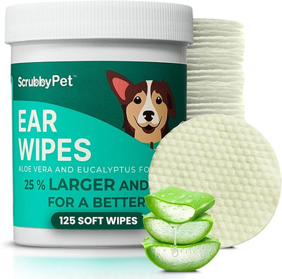 Scrubby Pet Dog Ear Wipes for Dogs | Extra Thick with Aloe Vera & Eucalyptus | 125 Count | Hypoallergenic Ear Cleaner for Dogs with Pearl Texture for Deeper Clean