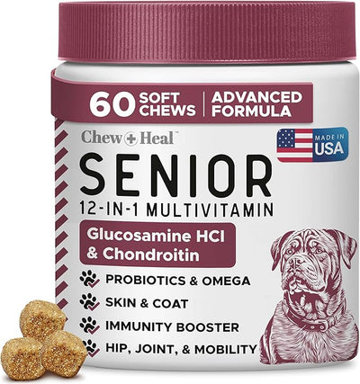 Senior Dog Vitamins and Supplements - 60 Soft Chew Multivitamin for Dogs | Hip and Joint Support, Advanced Formula with Glucosamine, Omega 3, 6, 9, Vitamins, & Probiotics