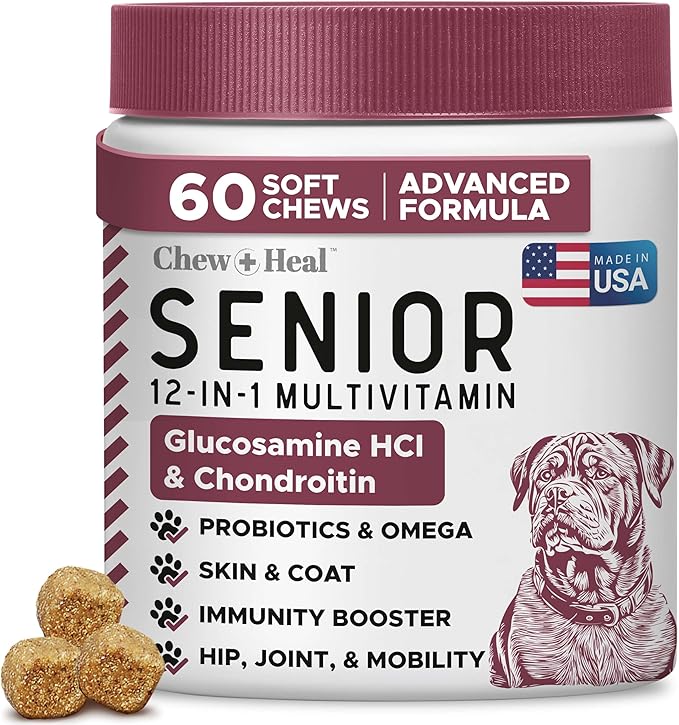 Senior Dog Vitamins and Supplements - 60 Soft Chew Multivitamin for Dogs | Hip and Joint Support, Advanced Formula with Glucosamine, Omega 3, 6, 9, Vitamins, & Probiotics