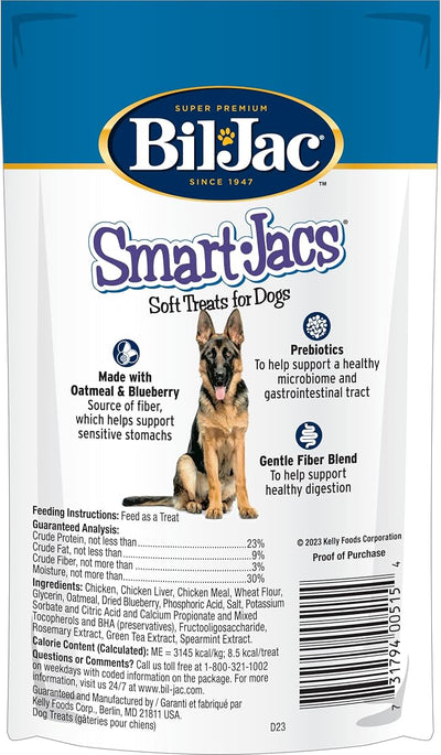 Bil-Jac Smart-Jacs Digestive Support Dog Treats | Made with Chicken | Oatmeal & Blueberry | 4 oz