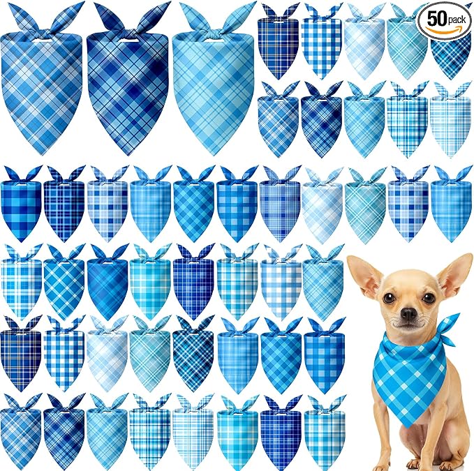 Abbylike 50 Pcs Plaid Dog Bandanas Bulk Blue Checkered Bandanas for Dogs Triangle Kerchief Bibs Scarf Set for Pet Holiday Costume Photo Props Accessories Pet Shops (19.7 x 13.8 x 13.8 Inch)