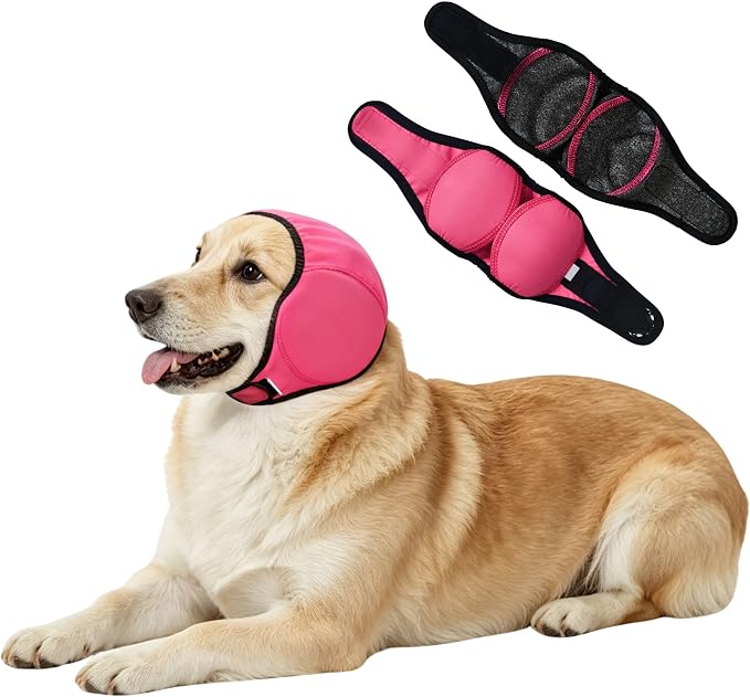 Waterproof Ear Covers for Bath & No Flap Ear Wraps for Dogs,Dog Ear Muffs Noise Protection for Hearing,No Shake Head Wraps Anxiety Relief Calming Hoodie for Hematoma,Grooming(Pink,L)