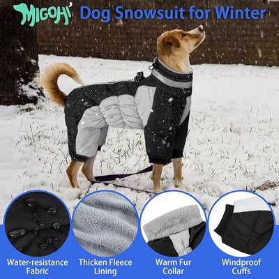 MIGOHI Full Body Dog Coat，Warm Coats for Large Dogs | Reflective Winter Coat for Dogs with Harness,Turtleneck Dog Snowsuit with Legs,Windproof Pet Fleece Puffer Jacket,XXL,Black