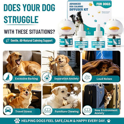 Dog Calming Diffuser, Calming Pheromones Diffuser Starter Kit for Anxiety Relief Reduce Barking Aggression Stress with 2 Plug-in + 4 Refill