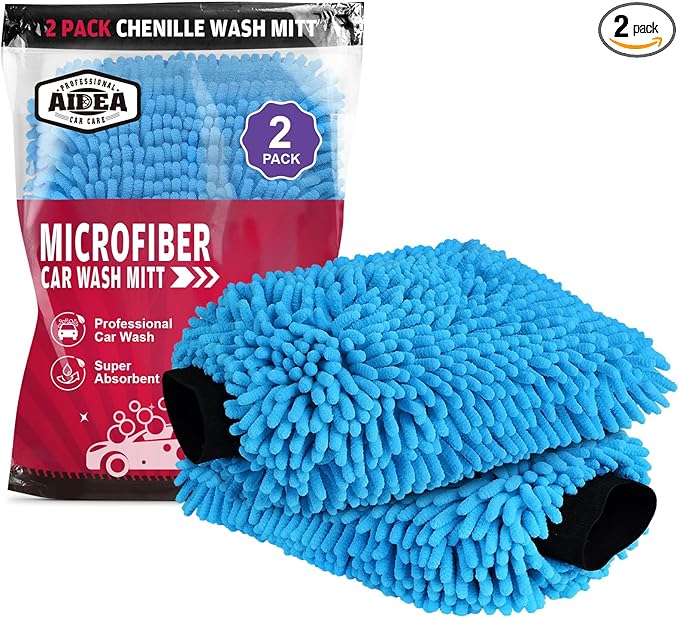 AIDEA Car Wash Mitt Microfiber, 2PK, Car Wash Brush, Blue, 8''X12'' | Scratch Free Lint Free Premium Chenille Microfiber Mitt, Cleaning Supplies, Extra Large Size