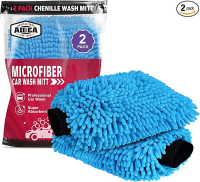 AIDEA Car Wash Mitt Microfiber, 2PK, Car Wash Brush, Blue, 8''X12'' | Scratch Free Lint Free Premium Chenille Microfiber Mitt, Cleaning Supplies, Extra Large Size