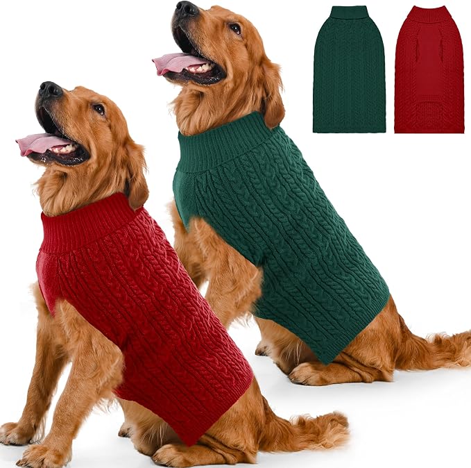Dog Sweater 2 Pack for Large Dogs, Size XXL, Red & Green | Stretchy cable knit turtleneck, machine washable, high belly cut, comfy winter fit for Golden Retriever, Labrador
