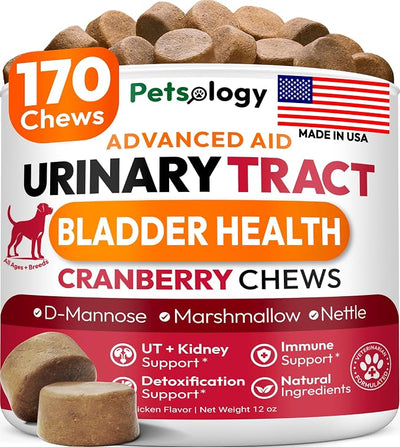 Dog UTI Treatment - 170 Cranberry Chews for Dogs - Urinary Tract Infection, Bladder & Kidney Health Multivitamin - Cranberry Supplement for Dogs with D-Mannose - Dog Vitamins and Supplements