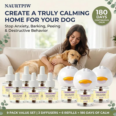 Dog Calming Diffuser – 3 Plug-in + 6 Refills, 180-Day Stress Relief, Dual-Pheromone Formula for Anxiety, Barking, Chewing & Indoor Peeing, Advanced Dog Calming Pheromones Diffuser Kit