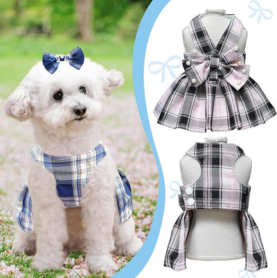 Dog Dress Bowknot Harness Leash Set for Small Dogs Girl Cute Plaid Dog Dress Pearls Bow Tie Spring Summer Princess Clothes Birthday Holiday Doggie Outfits for Puppy Cats Girl Apparel (Black, Large)
