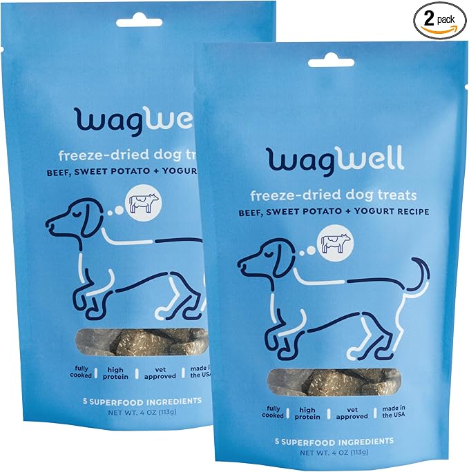 WagWell Freeze Dried Dog Treats, Beef + Yogurt + Sweet Potato Flavor | Training Treats, Food Topper, Healthy Snack for Dogs | Human Grade, Grain Free, High Protein | Made in USA | 4 oz Bag, 2 Pack