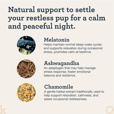 Kradle Nighttime Calming Chews for Dogs - Sleep and Relaxation Support - Melatonin L-Theanine Chamomile Ashwagandha - Calming Supplement for Bedtime and Stress - Chicken Flavor - 90 Chews