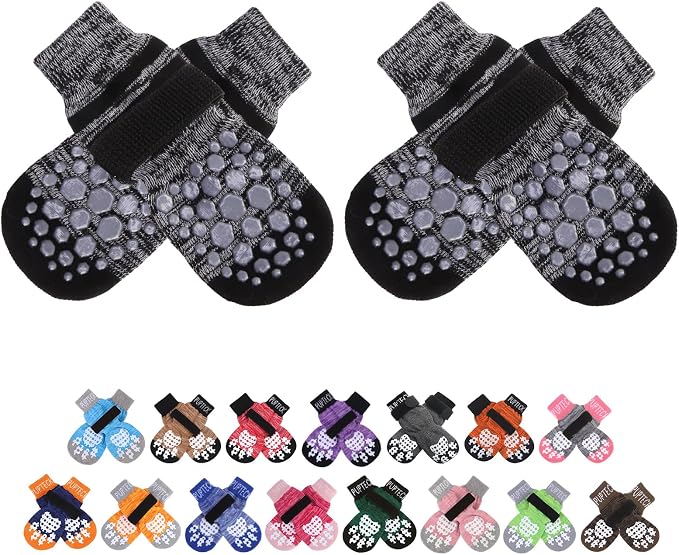 PUPTECK Anti-Slip Dog Socks with Double Sides for Small Medium Large Dogs Hardwood Floors Prevents Licking, Dog Shoes for Hot Pavement Traction Control Paw Protector for Senior Dogs, Striped Black XL