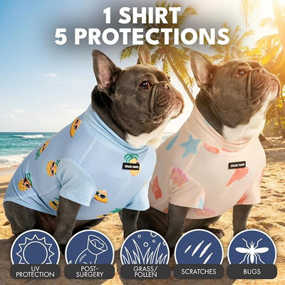 Spark Paws Sunblock Dog T-Shirt, SPF30 Protection, Lightweight Breathable Quick Dry for Dogs with Sensitive Skin - Pineapple & Seashells (Set of 2) - Size M