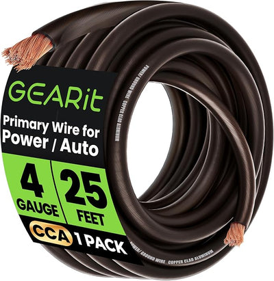 GEARit 4 Gauge Wire (25ft - Black Translucent) Copper Clad Aluminum CCA - Primary Automotive Wire Power/Ground, Battery Cable, Car Audio Speaker, RV Trailer, Amp, Electrical 4ga AWG 25 Feet