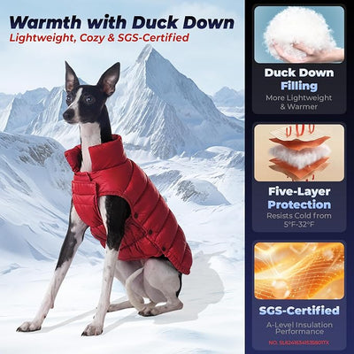 SPACE LION Dog Puffer Jacket, Down Winter Coat, Durable Outdoor Coat for Cold and Windy Conditions, Lightweight & Adjustable Fit Coats for Large Dogs,(Red, Size26/3XL)